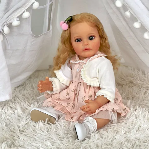 Bambola Reborn Realistica da 55cm Fatta a Mano in Silicone Integrale Neonato Verosimile con Vestito Floreale Rosa e Capelli Biondi