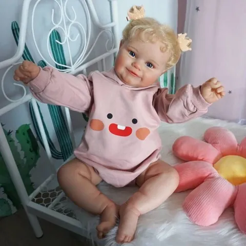 Realistic Reborn Baby Doll Lifelike Newborn Girl Doll With Pink Hooded Jumpsuit Gold Curly Hair Crown Hairpin Toy Gift