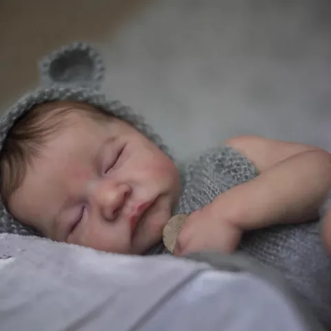 Realistic Reborn Baby Doll Simulation Newborn Sleeping Infant Silicone Full Body Vinyl Toy Grey Knit Outfit Handmade Lifelike Collectible Doll Gift