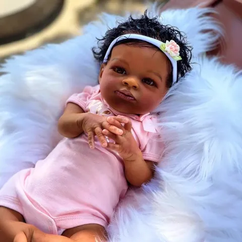 50cm Realistic Reborn Doll Dark Skin Lifelike African American Simulation Baby Doll Pink Outfit Floral Headband Cloth Body Handmade Painting