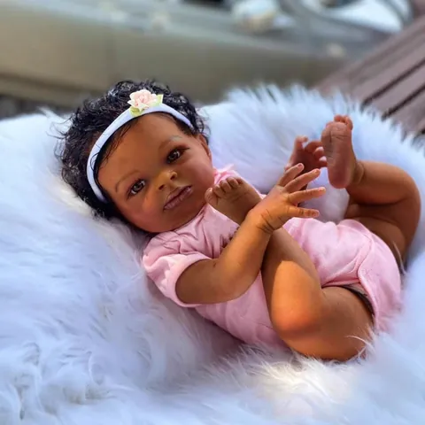 50cm Realistic Reborn Doll Dark Skin Lifelike African American Simulation Baby Doll Pink Outfit Floral Headband Cloth Body Handmade Painting