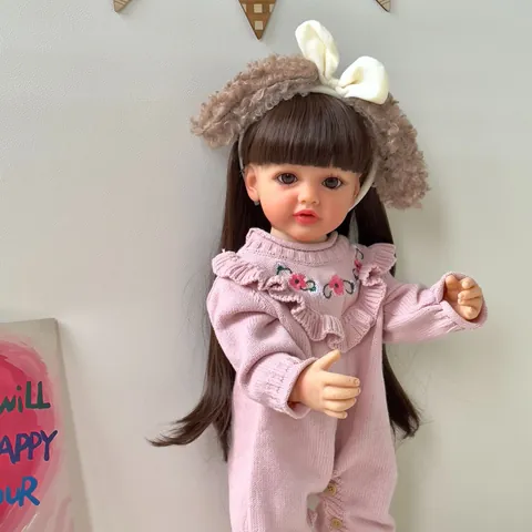 Realistic Reborn Baby Doll Soft Vinyl Body Toddler Girl With Pink Knitted Romper Floral Embroidery Long Hair For Birthday Gift