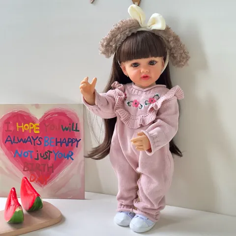 Realistic Reborn Baby Doll Soft Vinyl Body Toddler Girl With Pink Knitted Romper Floral Embroidery Long Hair For Birthday Gift