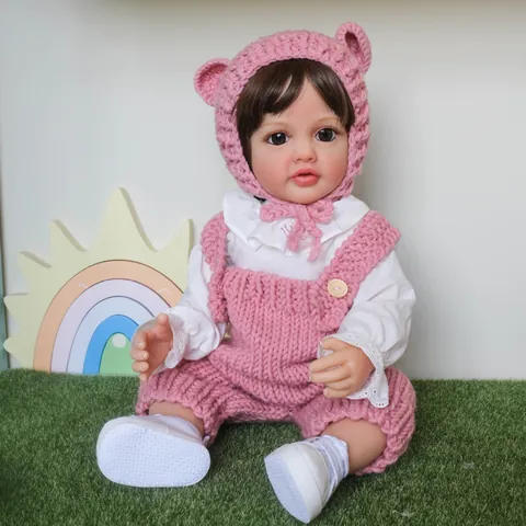 Realistic Reborn Baby Doll Full Vinyl Lifelike Newborn Girl Doll With Pink Knitted Bear Outfit And Toy Washable Kids Gift