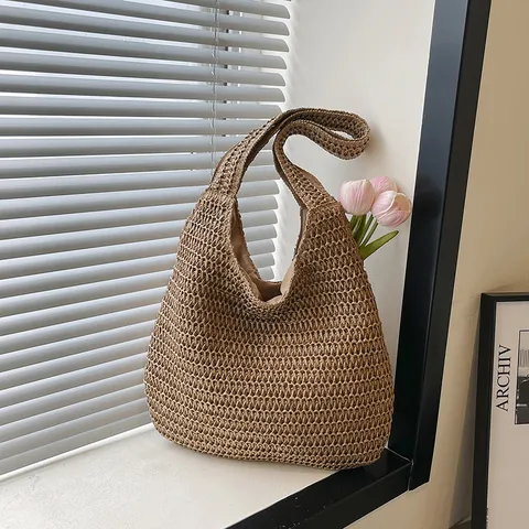 Sac Cabas en Paille Tissée Main Grande Capacité pour Femme Style Vacances Décontracté Nœud en Dentelle Sac à Épaule Plage Été