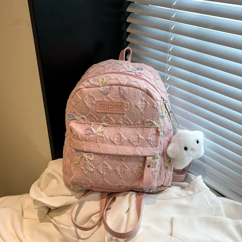 Kawaii Quilted PU Leather Backpack For Girls Japanese Sweet Bow Embroidery School Bag With Plush Pendant For Teenagers Women
