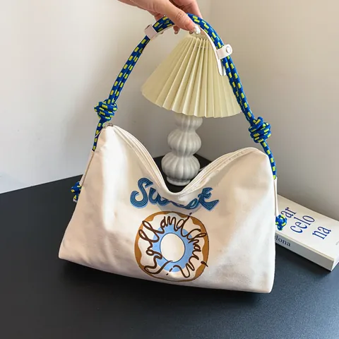 Sac Fourre-tout en Toile Décontracté pour Femmes Avec Bandoulière en Corde Tressée Grande Capacité Sweet Donut Candy Machine