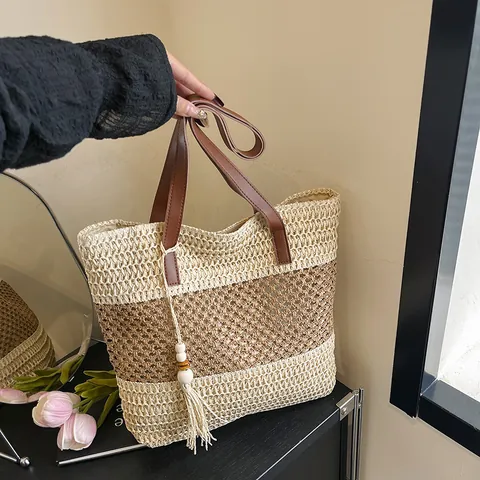 Bolso Tote de Paja Tejida de Verano para Mujer Rayas Gran Capacidad Bolso de Hombro Con Borla Bolso de Playa Casual Hecho a Mano