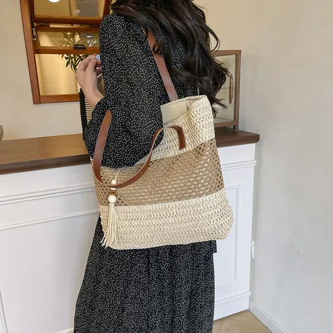 Bolso Tote de Paja Tejida de Verano para Mujer Rayas Gran Capacidad Bolso de Hombro Con Borla Bolso de Playa Casual Hecho a Mano