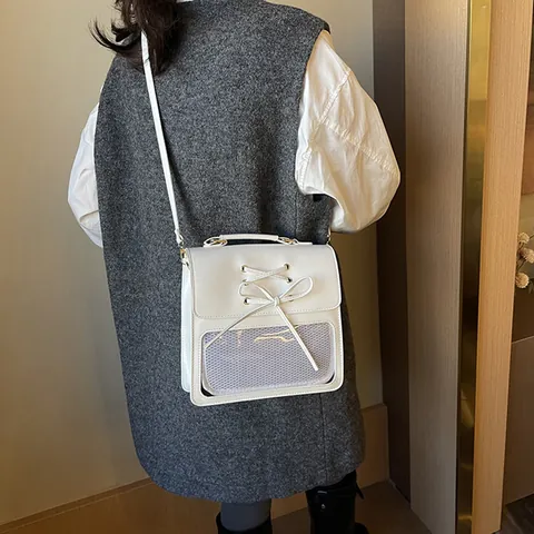 Women's Fashion PU Leather Ita Backpack Lace Up Bow School Bag With Transparent Window Handbag Shoulder Bag Daypack