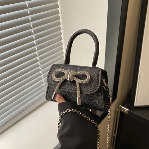 Women Elegant Glitter Sequin Mini Handbag With Rhinestone Bow Metal Chain Strap Fashion Evening Crossbody Bag For Party Banquet