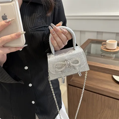 Women Elegant Glitter Sequin Mini Handbag With Rhinestone Bow Metal Chain Strap Fashion Evening Crossbody Bag For Party Banquet