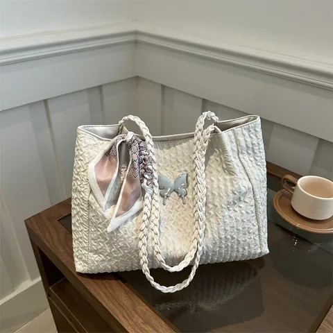 Borsa Tote da Donna a Grande Capacità in Tela Plissettata Con Farfalla Decorativa Sciarpa di Seta Tracolla Intrecciata Borsa a Spalla
