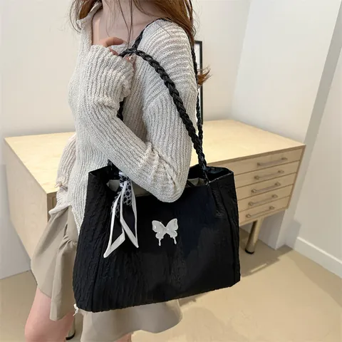 Borsa Tote da Donna a Grande Capacità in Tela Plissettata Con Farfalla Decorativa Sciarpa di Seta Tracolla Intrecciata Borsa a Spalla