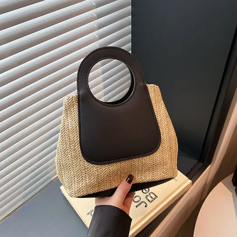 Sac à Main Vintage en Paille Tissée pour Femmes Avec Poignée Ronde en Cuir PU Sac de Plage Été Mode Minimaliste Sac à Épaule