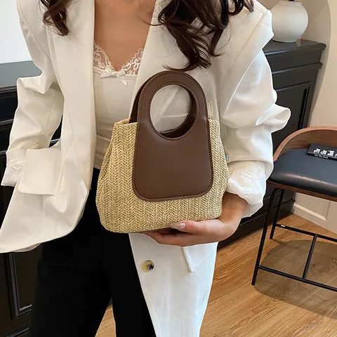 Sac à Main Vintage en Paille Tissée pour Femmes Avec Poignée Ronde en Cuir PU Sac de Plage Été Mode Minimaliste Sac à Épaule
