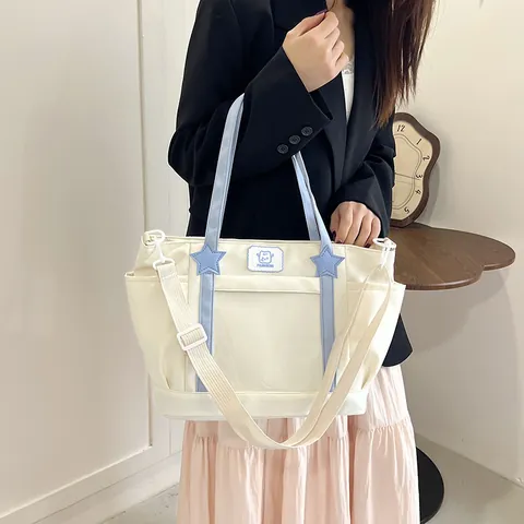 Large Capacity Nylon Ita Bag For Women Transparent PVC Window Tote Bag With Star Patch Student Daily Shoulder Crossbody Bag