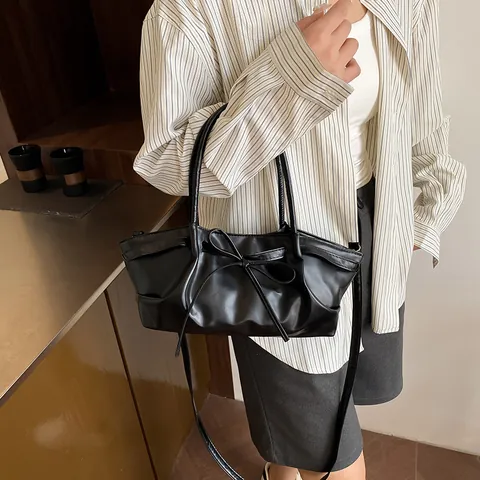 Borsa a Spalla da Donna con Fiocco e Pieghe in Pelle PU Borsa a Tracolla Versatile Borsa Tote di Tendenza per Ufficio Quotidiano