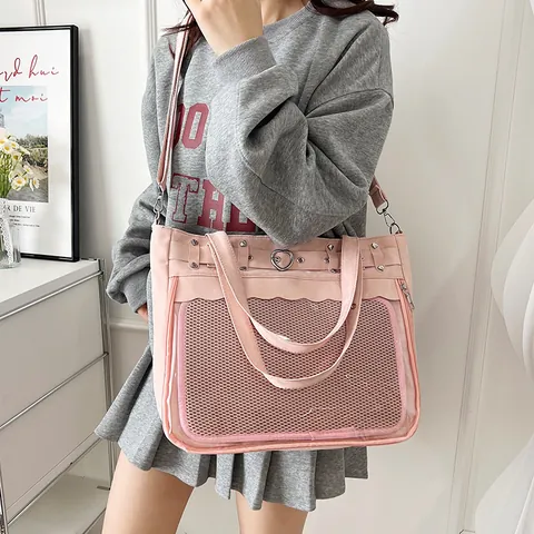 Women Large Capacity Ita Bag PU Leather Transparent Window Tote Bag Heart Buckle Shoulder Bag Handbag Japanese School Bag