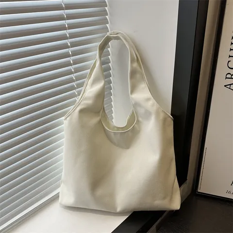 Frauen Minimalistische Canvas Einkaufstasche Große Kapazität Einfarbige Umhängetasche Lässige Einkaufstasche Pendler Handtasche