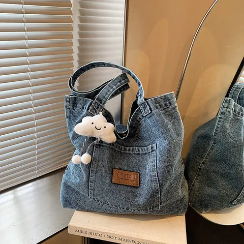 Women Large Capacity Denim Tote Bag Washed Denim Shoulder Bag With Letter Embroidery And Plush Cloud Pendant Casual Handbag