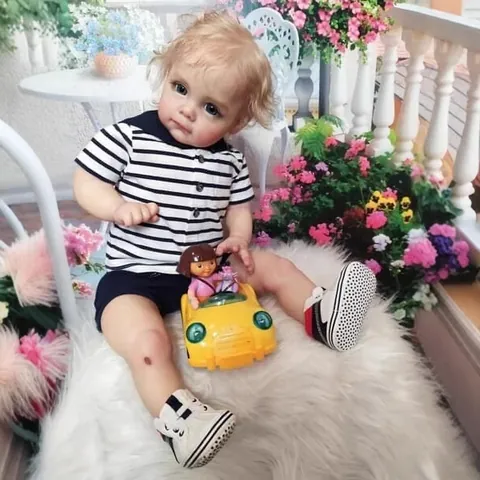 Realistic 60cm Reborn Doll Toddler Boy Silicone Body Hand Painted Navy Style Outfit Blonde Hair Blue Eyes Collection Toy