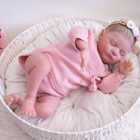 Realistic 19 Inch Reborn Baby Doll Silicone Limbs Cotton Body Sleeping Newborn Girl Doll With Pink Knit Outfit Headband