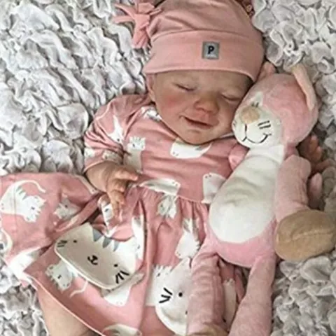 Realistic Reborn Baby Doll Full Silicone Body Smiling Sleeping Newborn With Cat Print Dress And Plush Toy
