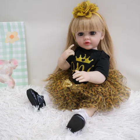 Lifelike Newborn Baby Girl Reborn Doll Full Silicone Body With Leopard Mesh Tutu Skirt And Crown Print Shirt Outfit