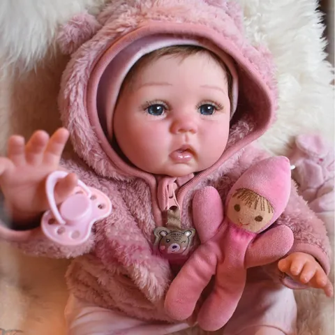 Realistic Reborn Baby Doll Soft Silicone Limbs Cotton Body Pink Plush Bear Hooded Outfit Lifelike Newborn Toy For Kids Gift