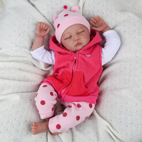 Realistic Reborn Baby Doll Soft Silicone Vinyl Cotton Body Sleeping Newborn Doll Pink Polka Dot Outfit Giraffe Plush Toy Gift
