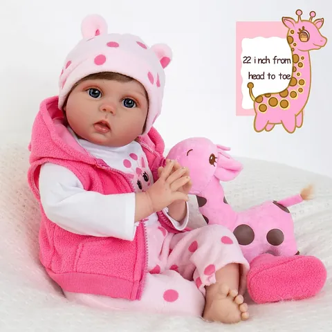 Realistic Reborn Baby Doll Silicone Vinyl Head Limbs Cotton Body Lifelike Toddler Toy Pink Polka Dot Outfit Giraffe Plush Toy Gift For Children