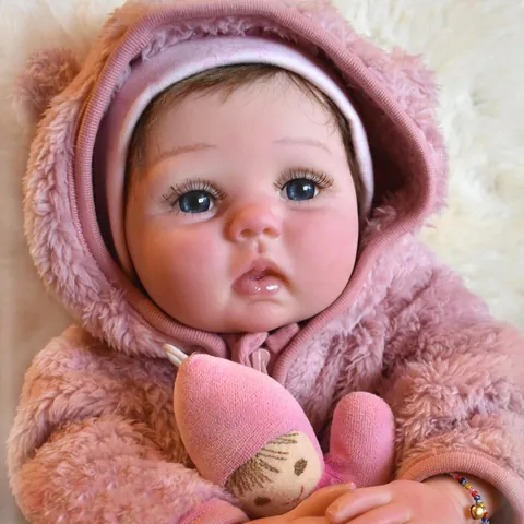 Realistic Reborn Baby Doll Soft Silicone Limbs Cotton Body Pink Plush Bear Hooded Outfit Lifelike Newborn Toy For Kids Gift