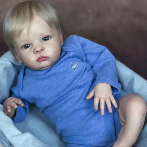 Lifelike Reborn Baby Doll Soft Cloth Body Silicone Limbs Simulation Newborn Doll Blue Romper Car Embroidery Rooted Hair Growth Partner Toy