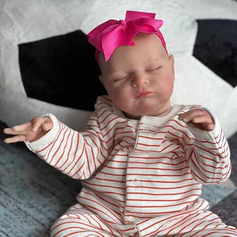 Realistic Reborn Baby Doll Sleeping Newborn Girl With Striped Romper And Bow Headband Soft Touch Simulation Doll For Kids Gift