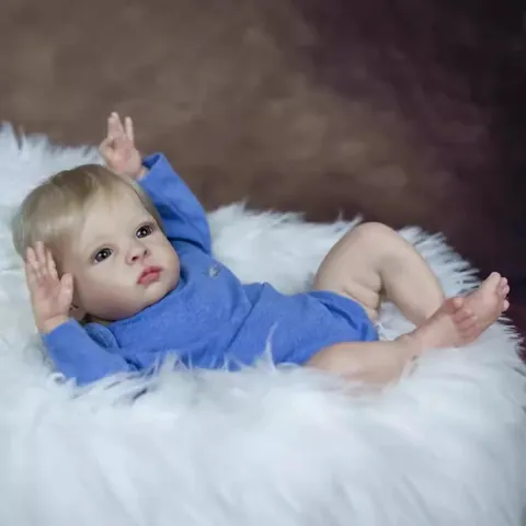 Lifelike Reborn Baby Doll Soft Cloth Body Silicone Limbs Simulation Newborn Doll Blue Romper Car Embroidery Rooted Hair Growth Partner Toy