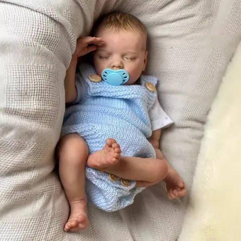 Realistic Reborn Baby Doll Full Silicone Vinyl Body Sleeping Newborn In Light Blue Knit Outfit With Magnetic Pacifier Hand Painted Hair