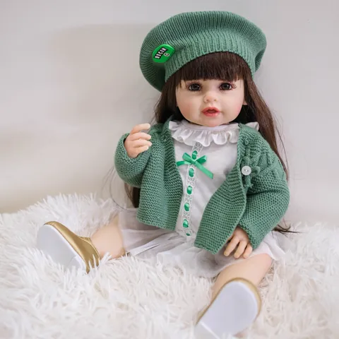 Realistic Reborn Baby Doll Silicone Vinyl Full Body Washable Lifelike Newborn Toy With Green Knitted Outfit And Brown Hair For Children Gift
