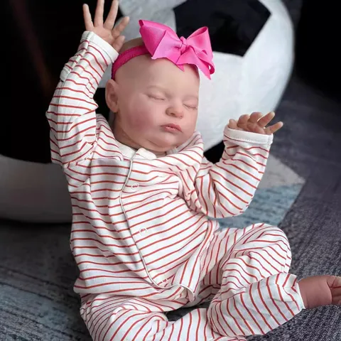 Realistic Reborn Baby Doll Sleeping Newborn Girl With Striped Romper And Bow Headband Soft Touch Simulation Doll For Kids Gift