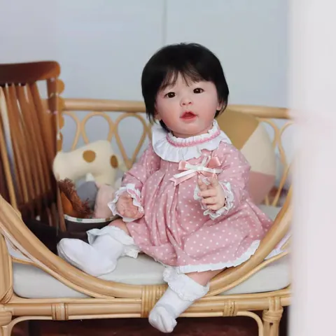 Realistic 23 Inch Reborn Baby Doll 58cm Soft Silicone Vinyl Cloth Body Handmade Hair With Pink Polka Dot Dress Toy For Children