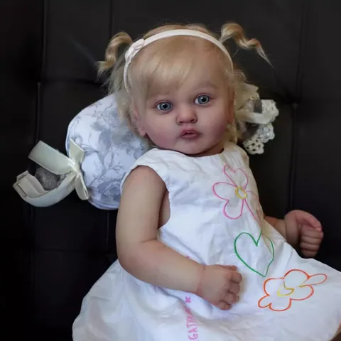 Realistic Reborn Baby Doll Hand Painted Soft Silicone Cotton Body Blond Hair Blue Eyes With Floral Dress Plush Toy Sheep