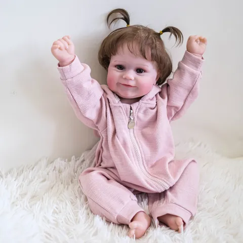 Realistic Reborn Baby Doll Maddie Soft Full Body Silicone Vinyl Hand Rooted Hair Pink Waffle Knit Romper Bunny Ears Hood Gift