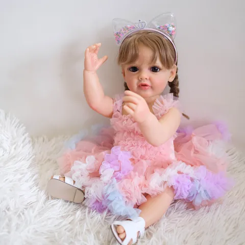 Realistic Reborn Baby Doll Full Body Silicone Vinyl Washable Girl Toy With Pink Mesh Dress Cat Ear Headband Jewelry Gift