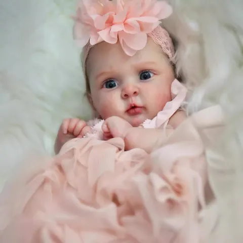 Realistic Reborn Baby Doll Handmade Soft Silicone Cotton Body Visible Veins Pink Lace Princess Dress Floral Headband Toy Gift