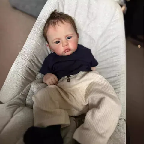 Realistic Reborn Baby Boy Doll Soft Silicone Vinyl Cotton Body Lifelike Handmade Toy Visible Veins Blue Outfit Plush Toy
