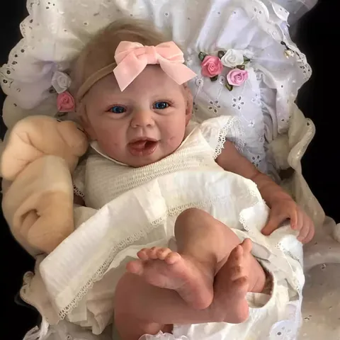 Handmade Reborn Baby Doll Lifelike Soft Silicone Cloth Body Realistic Newborn Doll White Lace Dress Pink Bow Headband Toy