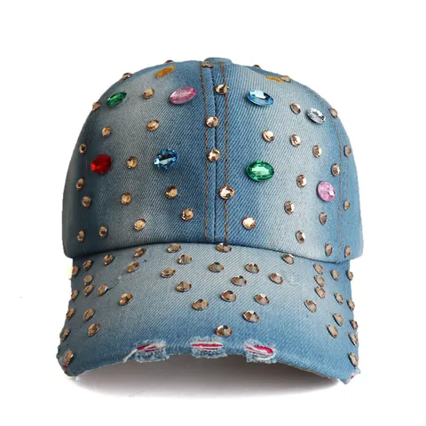 Gorra de Béisbol de Mezclilla para Mujer Con Strass de Colores Remaches de Metal Lavado Desgastado Azul Claro Sombrero de Sol