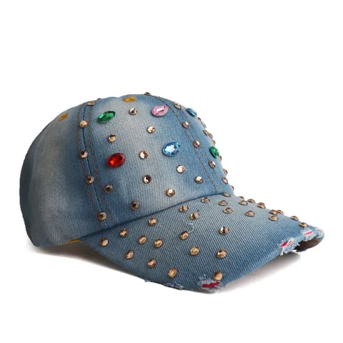 Gorra de Béisbol de Mezclilla para Mujer Con Strass de Colores Remaches de Metal Lavado Desgastado Azul Claro Sombrero de Sol