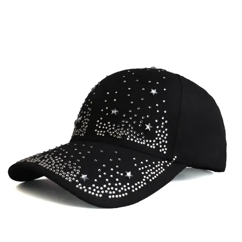 Berretto da Baseball in Cotone con Strass per Donna Cappello Regolabile con Protezione Solare Borchie a Pentagramma Argento Nero