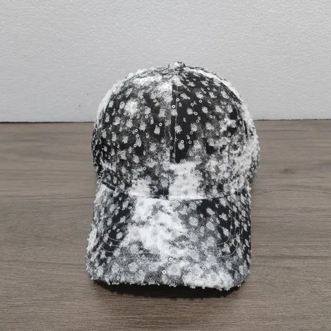Vintage Distressed Denim Baseball Cap With Sparkling Silver Sequins Adjustable Tie Dye Frayed Sun Hat Streetwear Accessory